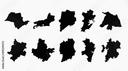 Collection of Black Silhouettes of Brazilian State Maps on a White Background including São Paulo and Rio de Janeiro