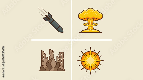Uflat vector icon set of nuclear war elements, destroyed building ruins, falling bomb missile, nuclear mushroom cloud explosion, and ground blast fire explosion, simple cartoon illustration, minimal s