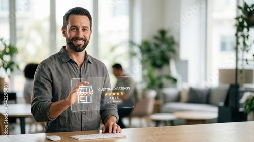 Smiling man touching a transparent customer ratings interface over a desk in a modern office. Small business reviews and star ratings displayed over a coworking workspace for service feedback and