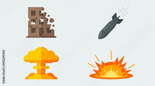 Uflat vector icon set of nuclear war elements, destroyed building ruins, falling bomb missile, nuclear mushroom cloud explosion, and ground blast fire explosion, simple cartoon illustration, minimal s