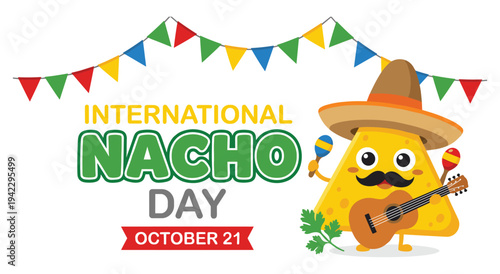 International nacho day vector illustration, october 21, fiesta banner, sombrero nachos