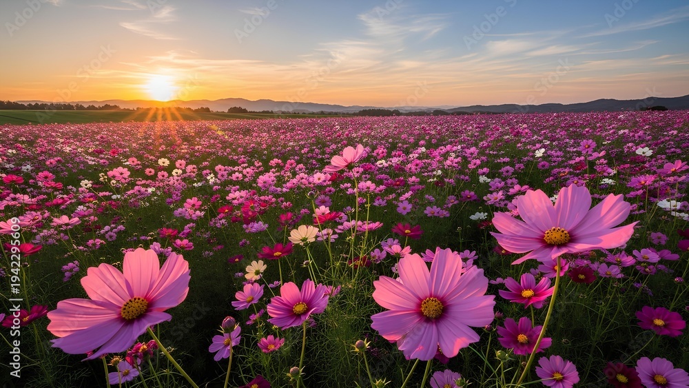 Obraz premium Vast Field of Pink Cosmos Flowers at Sunrise 1.