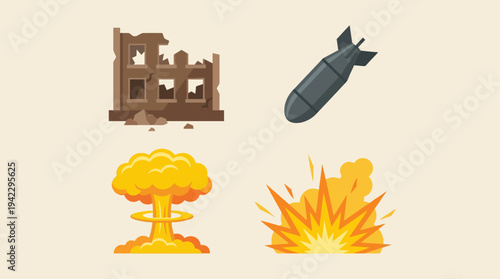 Uflat vector icon set of nuclear war elements, destroyed building ruins, falling bomb missile, nuclear mushroom cloud explosion, and ground blast fire explosion, simple cartoon illustration, minimal s