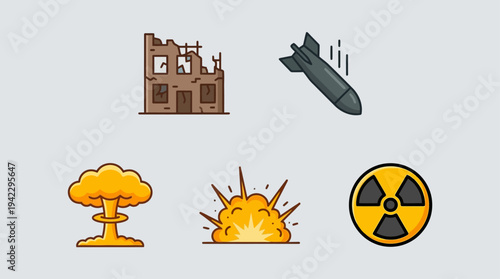 Uflat vector icon set of nuclear war elements, destroyed building ruins, falling bomb missile, nuclear mushroom cloud explosion, and ground blast fire explosion, simple cartoon illustration, minimal s