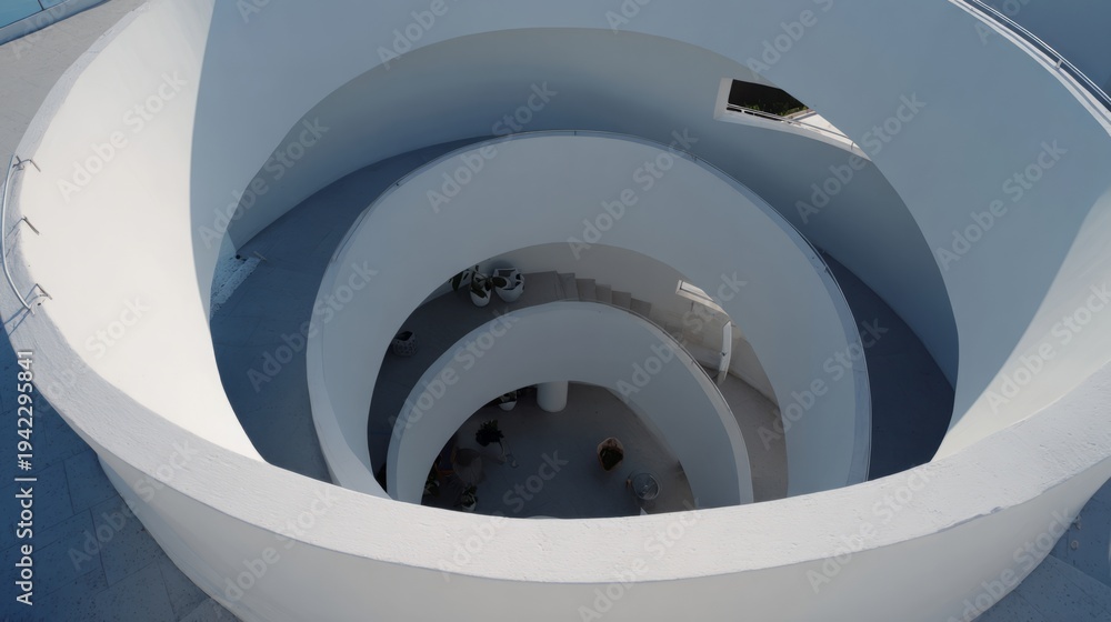 Fototapeta premium narrowing. Aerial view of a spiral staircase structure narrowing towards the top in minimalist concrete architecture. real-estate listings. 