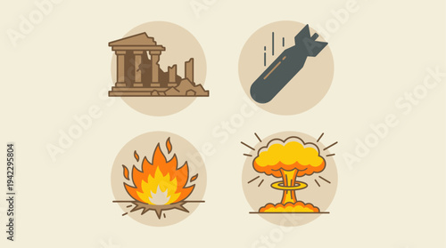 Uflat vector icon set of nuclear war elements, destroyed building ruins, falling bomb missile, nuclear mushroom cloud explosion, and ground blast fire explosion, simple cartoon illustration, minimal s