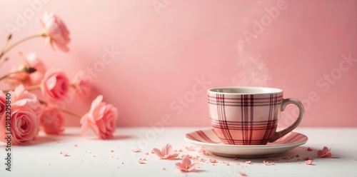 A warm beverage in a charming checkered cup surrounded by delicate pink blossoms on a softly colored backdrop