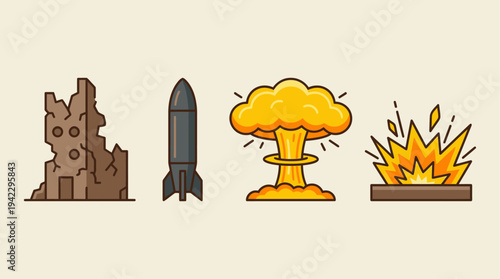 Uflat vector icon set of nuclear war elements, destroyed building ruins, falling bomb missile, nuclear mushroom cloud explosion, and ground blast fire explosion, simple cartoon illustration, minimal s