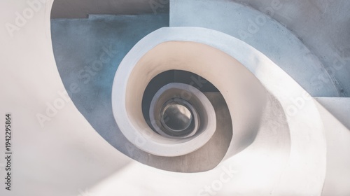 narrowing. Aerial view of a spiral staircase structure narrowing towards the top in minimalist concrete architecture. real-estate listings.
