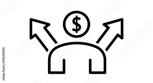 Graphic icon depicting a magnet attracting money with arrows and a coin, conveying financial attraction and growth.