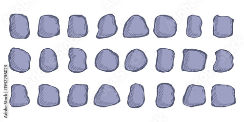 Hand drawn rocks and stones Rock fragments, boulders, building material Coastal pebbles, gravel, minerals, cobblestones, geological formations For game environment, landscape illustration, design