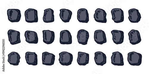 Hand drawn rocks and stones Rock fragments, boulders, building material Coastal pebbles, gravel, minerals, cobblestones, geological formations For game environment, landscape illustration, design