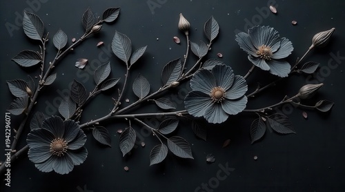 Elegant monochrome floral arrangement featuring blooming flowers, delicate buds, and scattered petals against a dark background