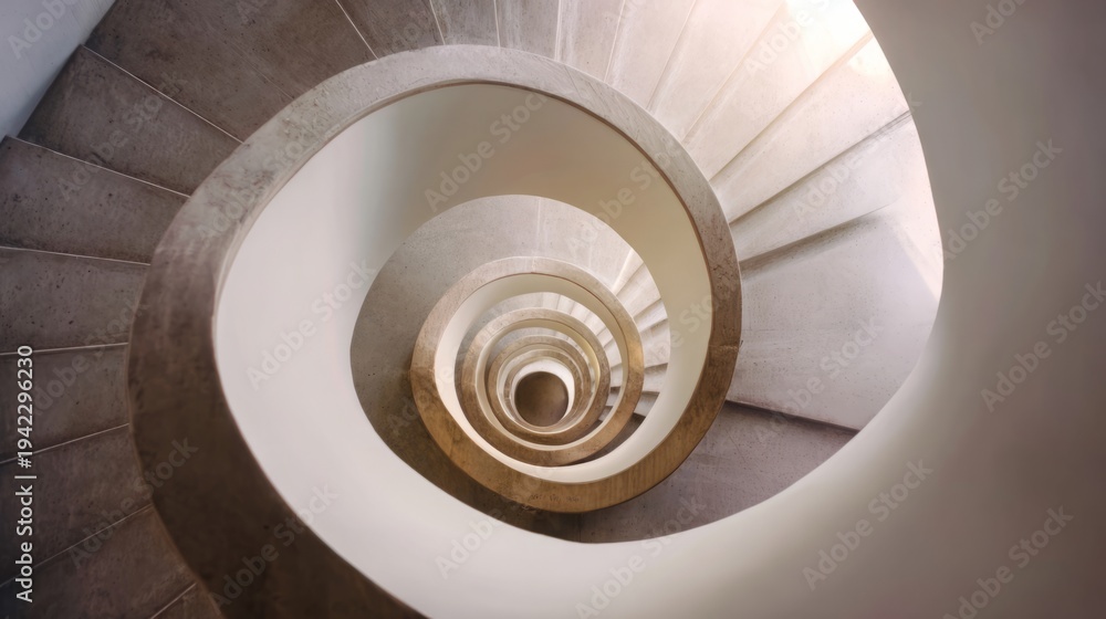 Fototapeta premium narrowing. Aerial view of a spiral staircase structure narrowing towards the top in minimalist concrete architecture. real-estate listings.