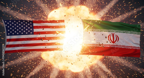 Conceptual explosion representing geopolitical tensions and conflict between the United States and Iran with flags in the foreground