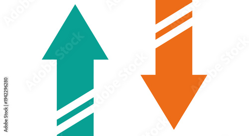 Abstract teal upward arrow and orange downward arrow graphic design with bold stripes.