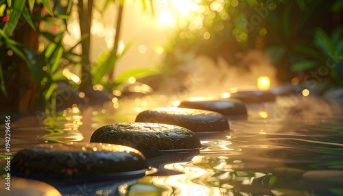 Serene Stepping Stones in Misty Pond.