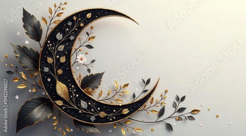 Ornate crescent shape embellished with delicate botanical elements, rich dark tones, and luminous golden accents, creating a celestial yet earthy composition