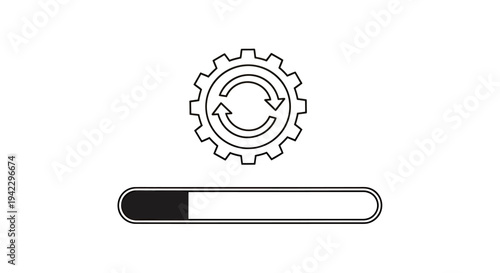 Illustration featuring a circular gear icon above a loading progress bar, conveying system update and maintenance in progress.