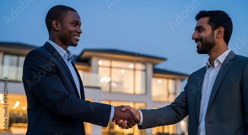 Two businessmen shaking hands in front of modern house at dusk