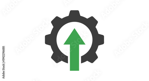 Symbolic gear with upward arrow representing technology upgrade, growth, and automated system advancement.