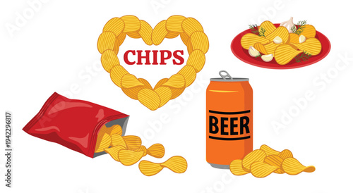 Potato chips heart shape, beer can, chips bag, plate with snacks and garlic