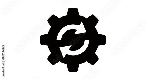 Black gear icon with circular refresh arrow, representing update, settings, and system renewal in a modern vector design.
