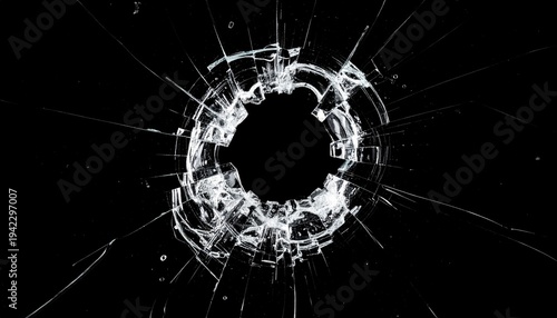 Bullet Hole in Shattered Glass Surface.