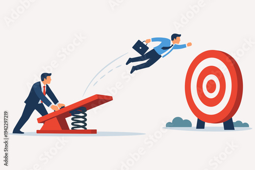 Businessman leader launching his employee from a springboard towards a bullseye target. Concept of leadership, teamwork, career growth, and achieving business goals. Flat vector illustration.