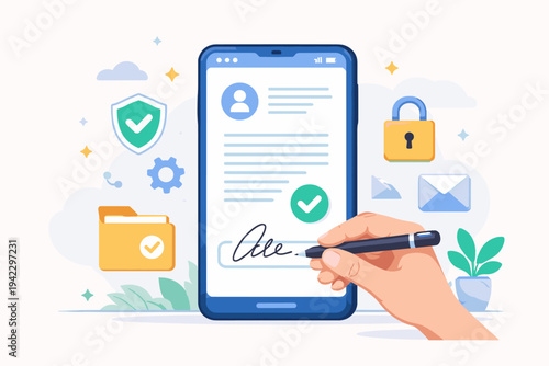 Hand Signing Electronic Contract or Digital Signature on Smartphone Screen with Stylus Pen, Mobile App for Secure Business Agreement, Online Document Verification and Legal Approval Illustration.
