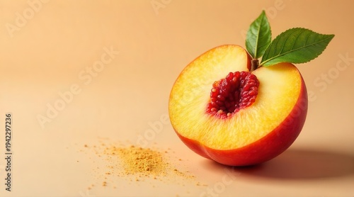 A close-up studio shot of a vibrant, juicy fruit with fuzzy red and yellow skin, cut in half revealing a textured inner core and garnished with green leaves, set against a plain, warm background