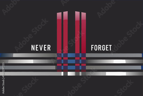 A digital artwork displaying never forget with layered stripes and blocks