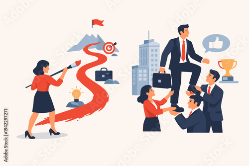 Businesswoman painting her own career path towards a mountain peak while a businessman is supported by a corporate team to reach a trophy, representing individual effort versus group success.