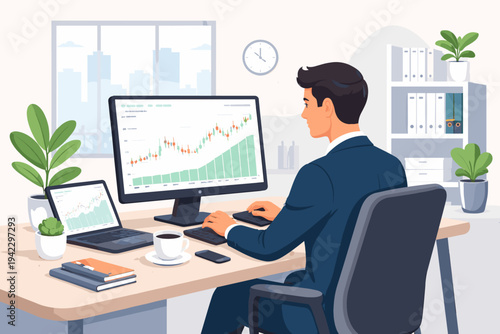 Vector illustration of a professional businessman or stock market trader analyzing financial data and growth charts on a computer monitor at a modern office desk with laptop, coffee, and plants.