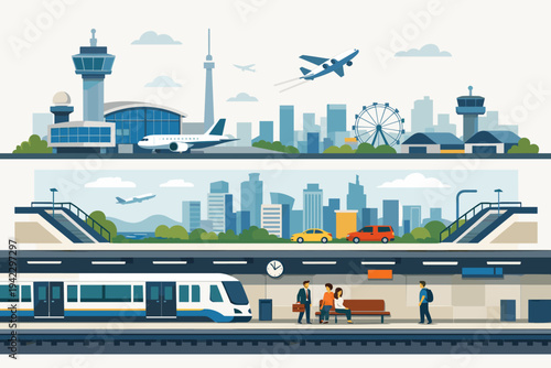 Flat vector illustration of a city transportation hub featuring an airport with airplanes, a cityscape with cars, and an underground subway station platform with a modern high-speed train.