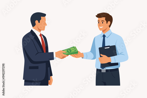 Businessman in a dark suit giving a stack of cash dollar banknotes to an employee or partner holding a clipboard, representing salary payment, bonus, bribe, or financial transaction concept.