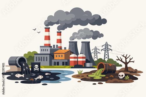 Industrial factory polluting the environment with toxic waste, air smoke, and water contamination. Flat vector illustration showing ecological disaster, global warming, and chemical hazards.