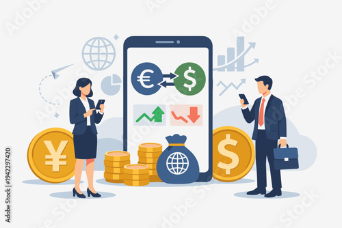 Businesspeople Trading Currencies Online via Mobile App. Flat Vector Illustration of Global Finance, Forex Market, Money Exchange, Investment, Digital Banking with Euro, Dollar, and Yen Symbols.