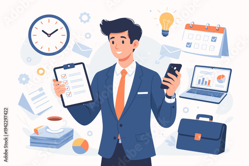 Professional Businessman Managing Time and Tasks Efficiently with Checklist, Smartphone, Clock, and Laptop; Flat Vector Illustration for Productivity, Organization, and Business Management.