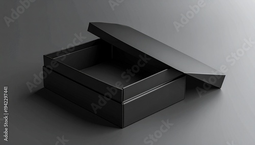 Black Box with Open Lid on Gray Background.