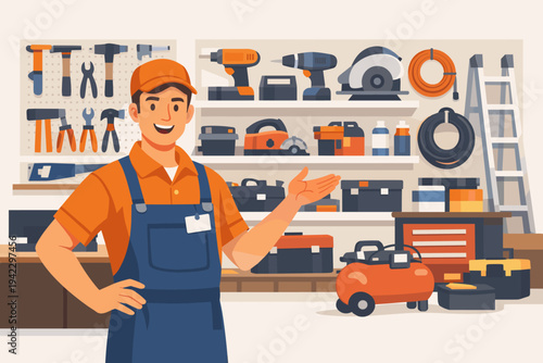 Friendly Male Salesman in Blue Overalls and Orange Cap Standing in a Hardware Store or Tool Shop Interior with Shelves of Power Tools, Hammers, Drills, Saws, and Equipment Vector Illustration.