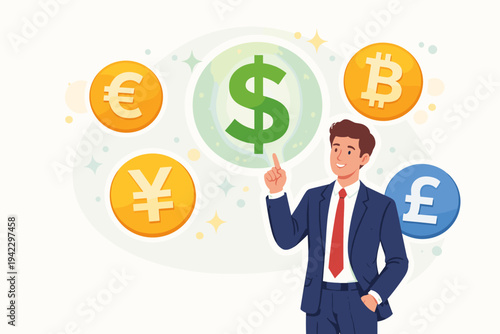 Successful Businessman in a Professional Suit Pointing at a Large Green Dollar Sign Symbol Surrounded by Global Currency Icons Including Euro, Bitcoin, Yen, and Pound Sterling, Finance Concept