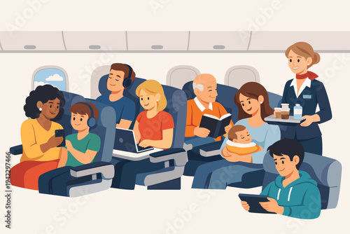 Various passengers inside an airplane cabin flat vector illustration. Diverse people sitting in seats, using gadgets, reading, and a flight attendant serving drinks during a commercial flight.