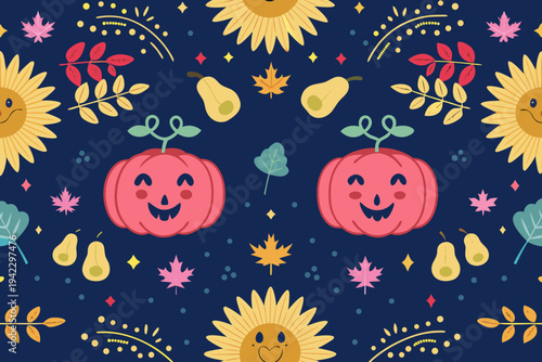 Autumnal pattern featuring smiling pumpkins sunflowers pears and colorful leaves