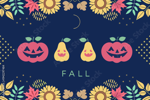 Autumnal design featuring pumpkins sunflowers and falling leaves on blue