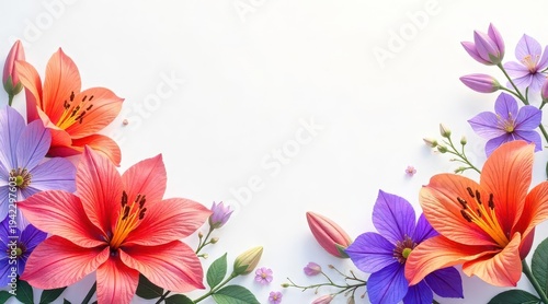 A vibrant collection of blossoming lilies and delicate petals adorning a clean, bright background creating a natural and elegant decorative frame