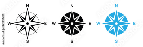 Three compass icons in black and blue on white background for navigation and direction