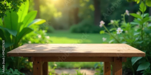 Rustic wooden table bathed in warm sunlight, with a blurred background of lush green foliage and delicate flowers, creating a serene outdoor scene