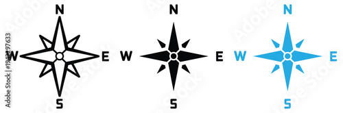 Three compass icons in black and blue on white background for navigation and direction