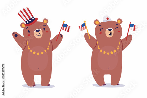 Two patriotic bears celebrate with american flags and festive garlands
